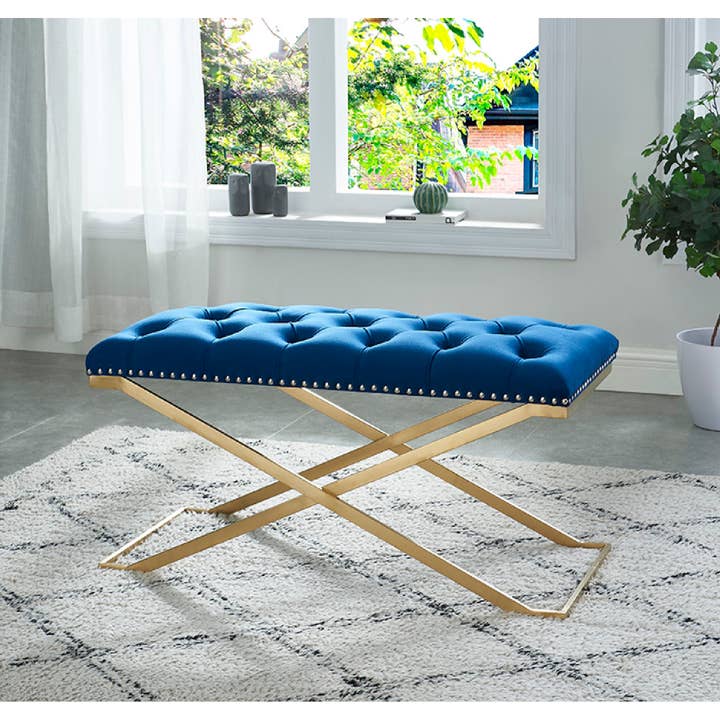 Imperial Tufted Double Bench With Gold X Base Navy Blue for wholesale on Faire