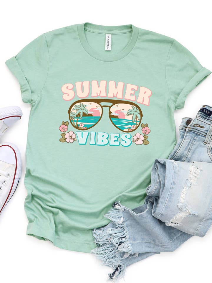 Tickled Teal - Wholesale T-Shirt (Graphic) - Women's - Summer Vibes Sunglasses Graphic Tee