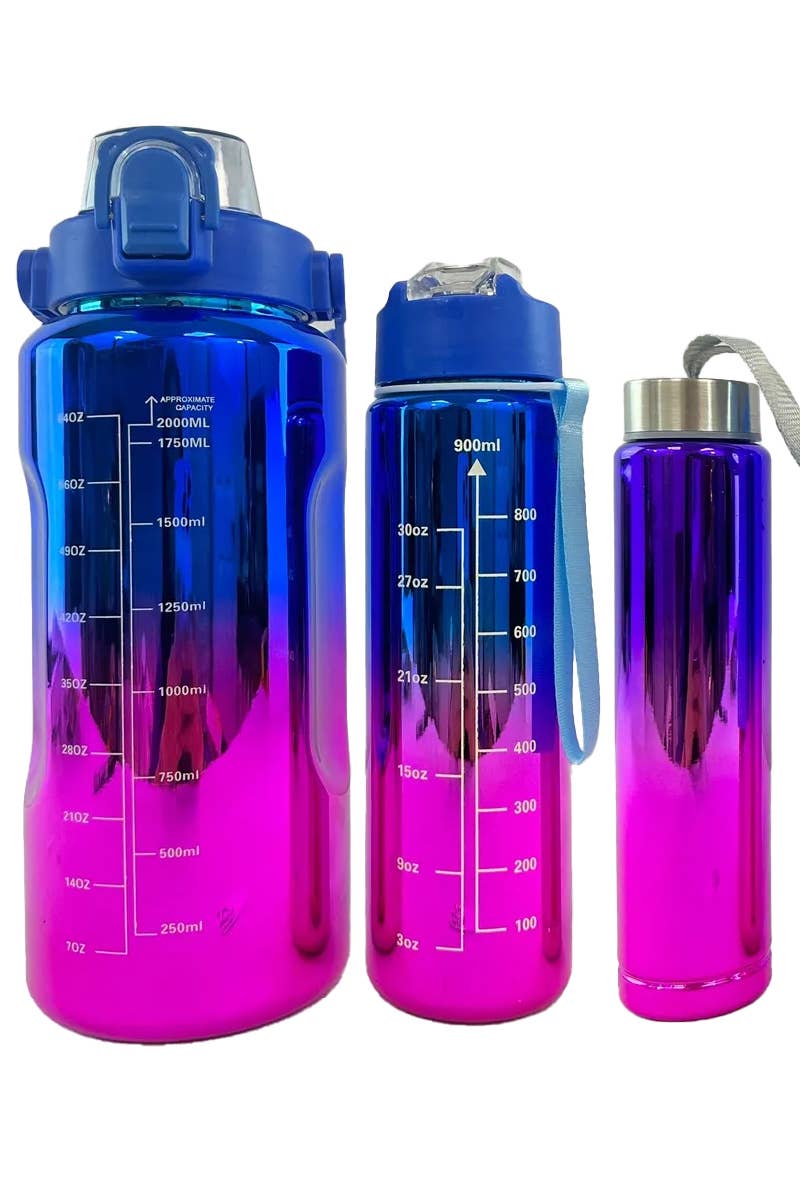 Cap Zone - Wholesale Water Bottle - Metallic Ombre 3 PC Sippy Straw Tumbler Water Bottle Cup Set6