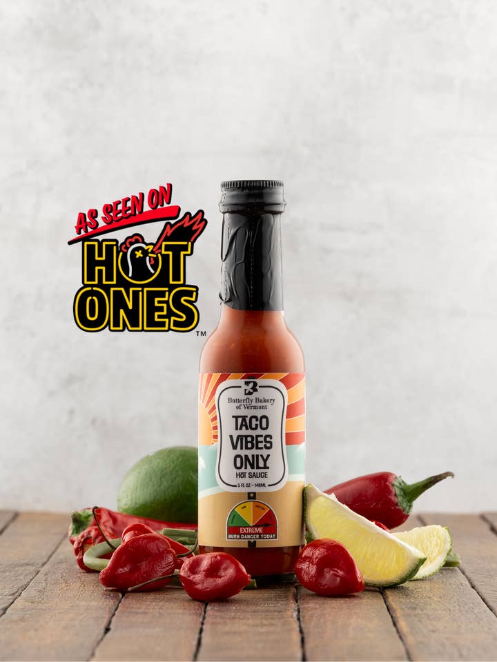 Taco Vibes Only Hot Sauce 5oz for wholesale by Butterfly Bakery of Vermont