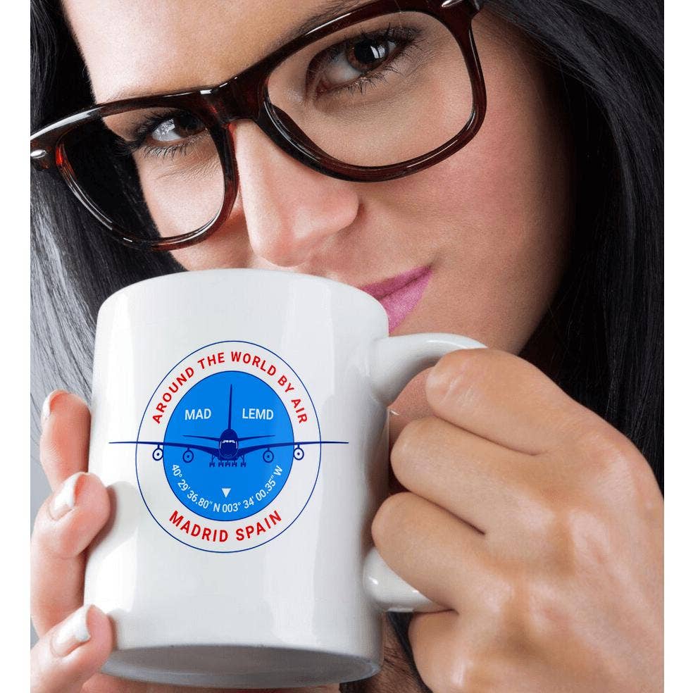 3dRose - Wholesale Coffee Mug - 3dRose, Round badge, a blue airliner. Red text Madrid Spain, coordinates, Mug9