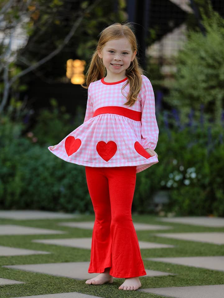 Girls Valentine's Day Heart Applique Plaid Outfits Set for wholesale by Rylee Faith Designs