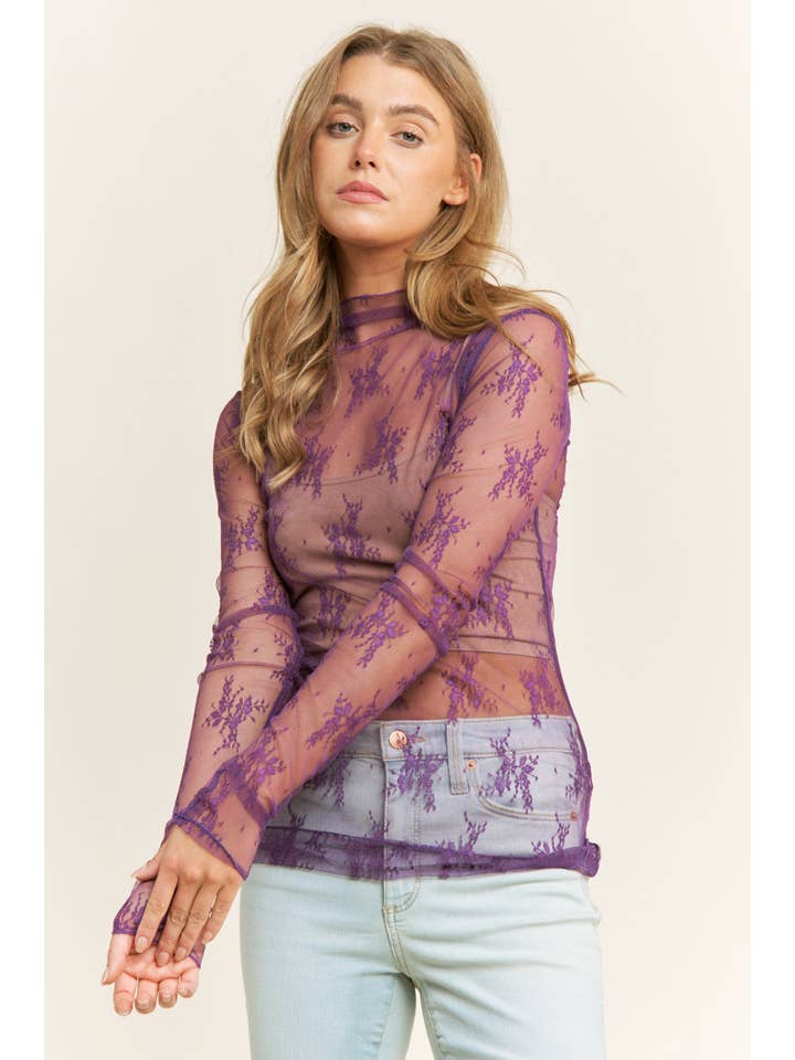 Sweet Generis - Wholesale Knit Top - Women's - MESH LACE HIGH NECK DESIGN LONG SLEEVE FITTED TOP35