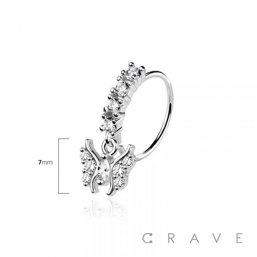 CRAVE - Wholesale Nose Ring - CZ BUTTERFLY PRONG DANGLE ROUND CZ GEM O-RING NOSE HOOP3