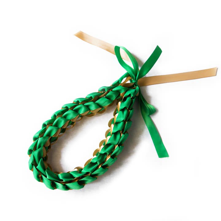 A Tangible Thought - Wholesale Woven Necklace - Ribbon Lei - Green & Gold2