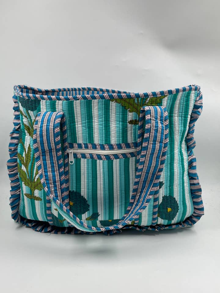 100% Cotton Kantha Quilted Boho Frill Reversible Tote Bag for wholesale by Funky Yak Ltd