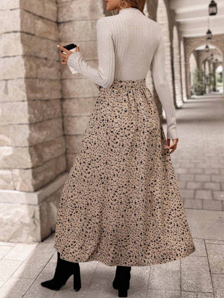 Brown Long Sleeved Leopard Print Patchwork Lace Up Dress for wholesale on Faire2