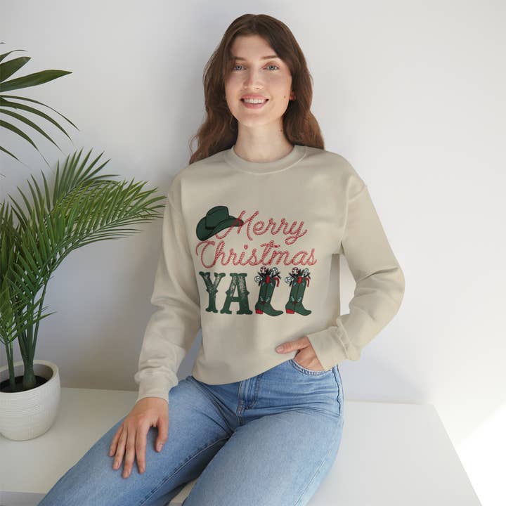 Merry Christmas Yall Western Crewneck Graphic for wholesale by TB & Co.