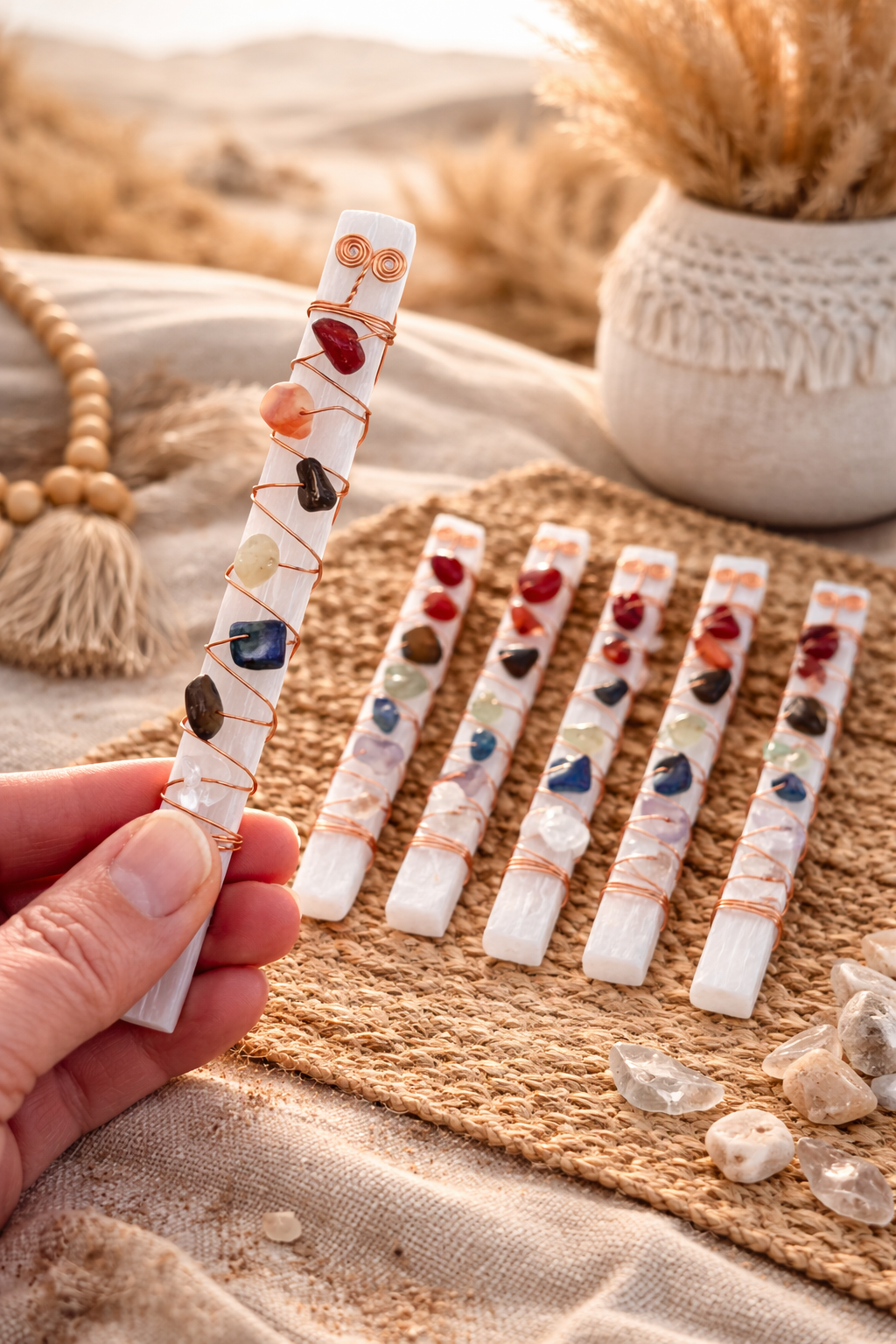 Picki Nicki - Wholesale Spiritual Stone/Crystal - Selenite Crystal Wands w/ Seven Stone Chakras & Copper Wire 1