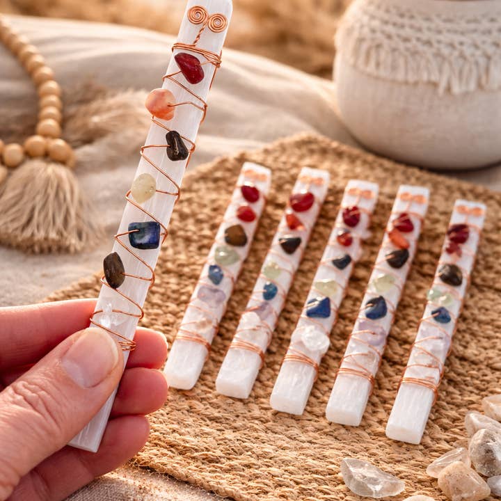 Picki Nicki - Wholesale Spiritual Stone/Crystal - Selenite Crystal Wands w/ Seven Stone Chakras & Copper Wire 1