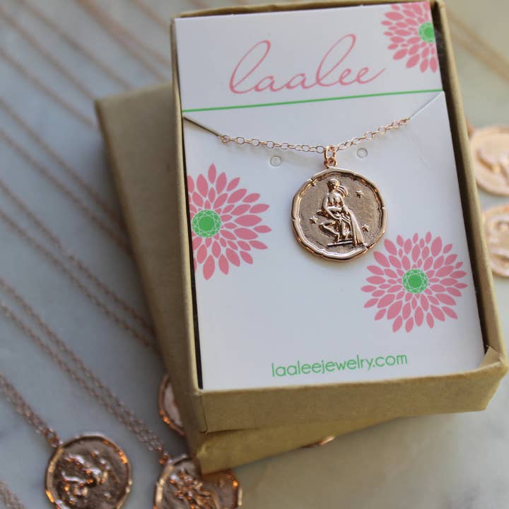Laalee Jewelry - Wholesale Pendant/Charm Necklace - Rose Gold Zodiac Necklace Coin Disk