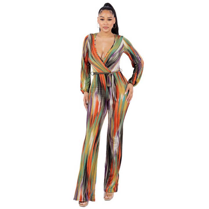YJ3486 Deep V-Neck Long Sleeve Tie-Waisted Wide Leg Jumpsuit for wholesale by Yellow Cabbage