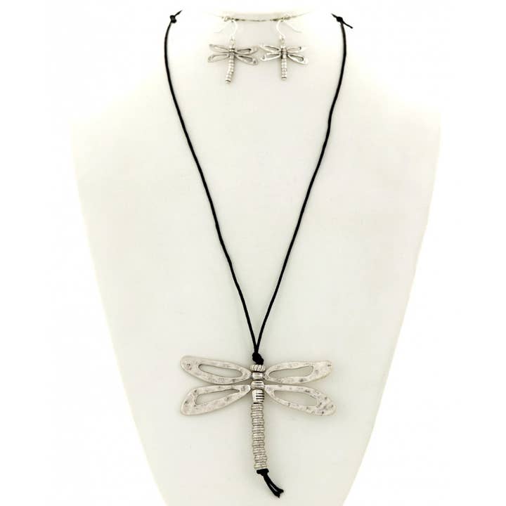 FR2046 3D Silver Burnish Dragonfly Cotton Cord Necklace Set for wholesale by 0011 PREMIERE