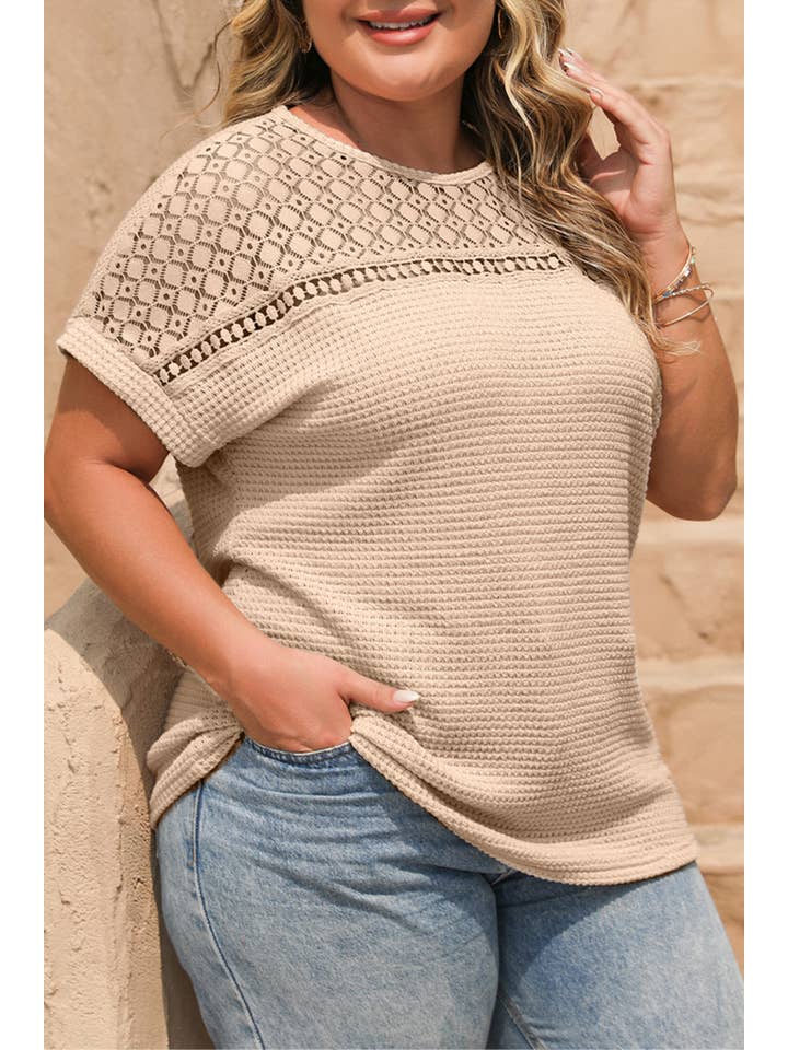 Oatmeal Plus Size Lace Waffle Patchwork Summer Top for wholesale on Faire