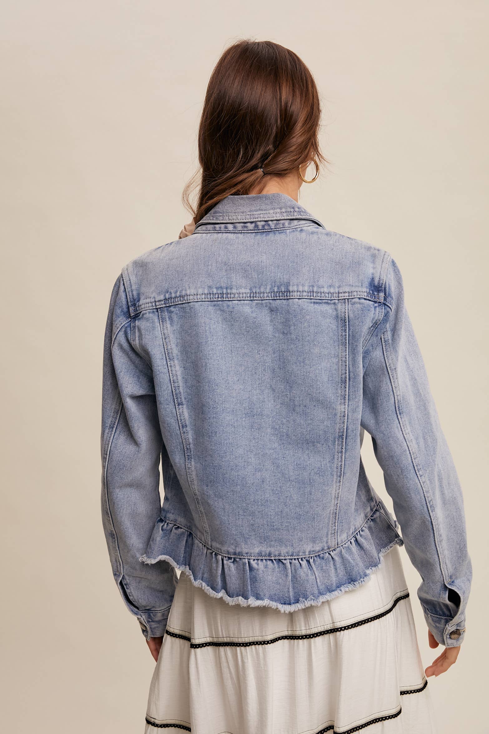 Listicle - Wholesale Denim Jacket - Women's - Ruffled Hem Denim Jacket LJ023610