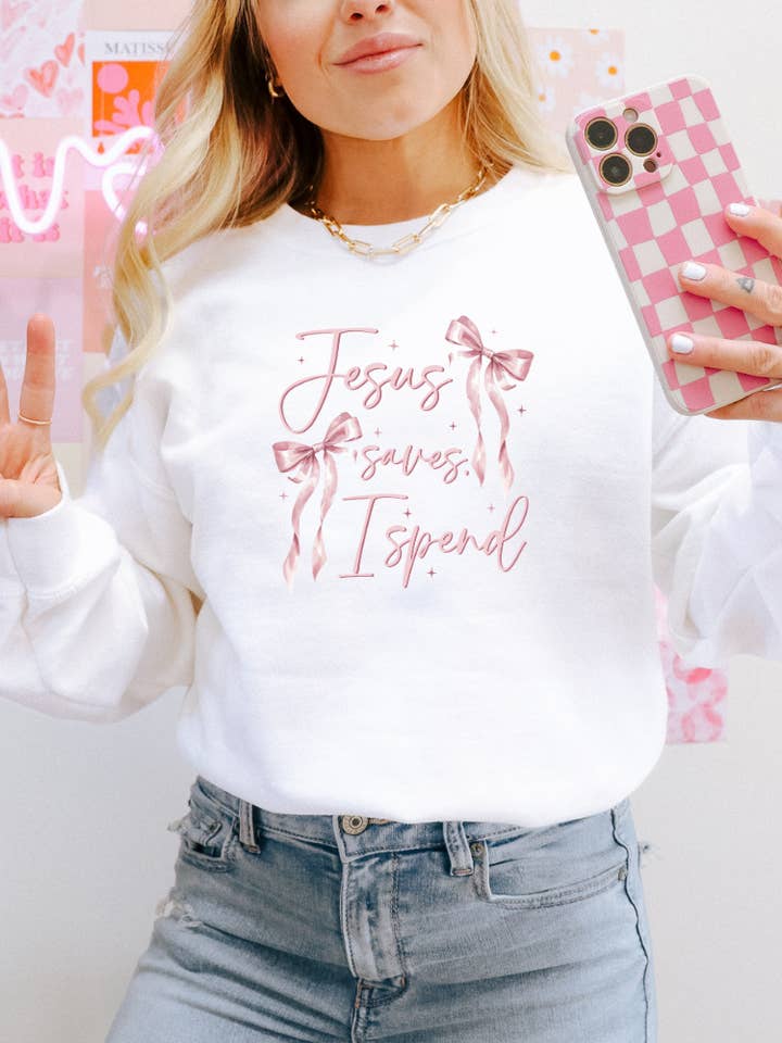 Gesù salva, io spendo Felpa grafica cristiana con girocollo per la vendita all'ingrosso da parte di Uncommon Label
