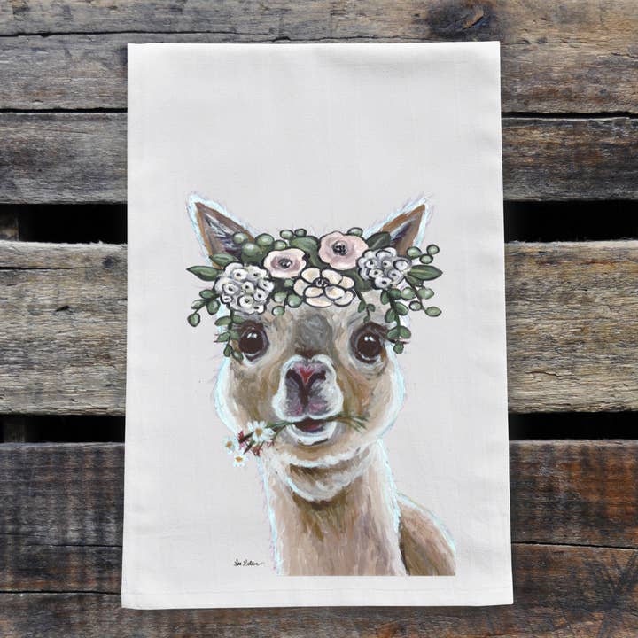 Alpaca Tea Towel, Alpaca 'Holly' Boho Flowers, Kitchen Decor for wholesale by Hippie Hound Studios
