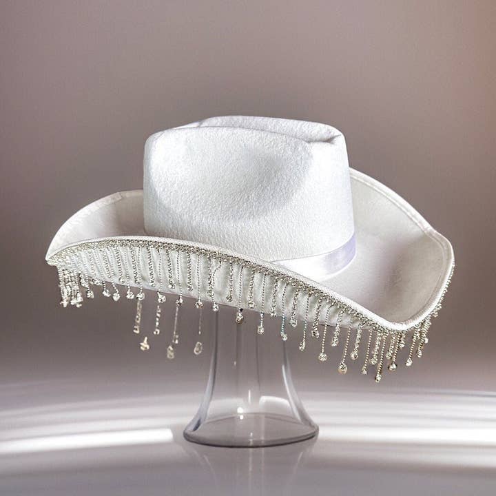 Witte cowboyhoed met strass-kwastjes, concerthoed, vilthoed, rave-hoed, vrijgezellenverjaardagshoed, rodeohoed, festivalhoed, bruidshoed voor wholesale door Manifestie