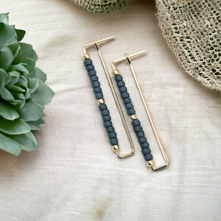 Bijou by SAM - Wholesale Dangle Earrings - Gold Rectangle Earrings with Dark Teal Seed Beads