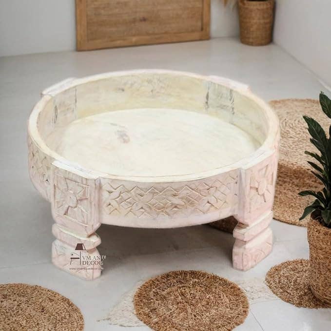 Handcrafted Whitewashed Wooden Chakki Table – 48x48x21 cm for wholesale by VIRATRA ART DECOR