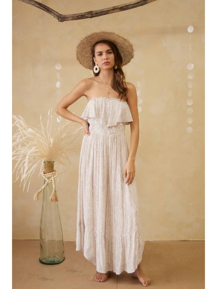 IVORY COCO JR6481 BREEZY PRINT STRAPLESS RUFFLE JUMPSUIT for wholesale on Faire