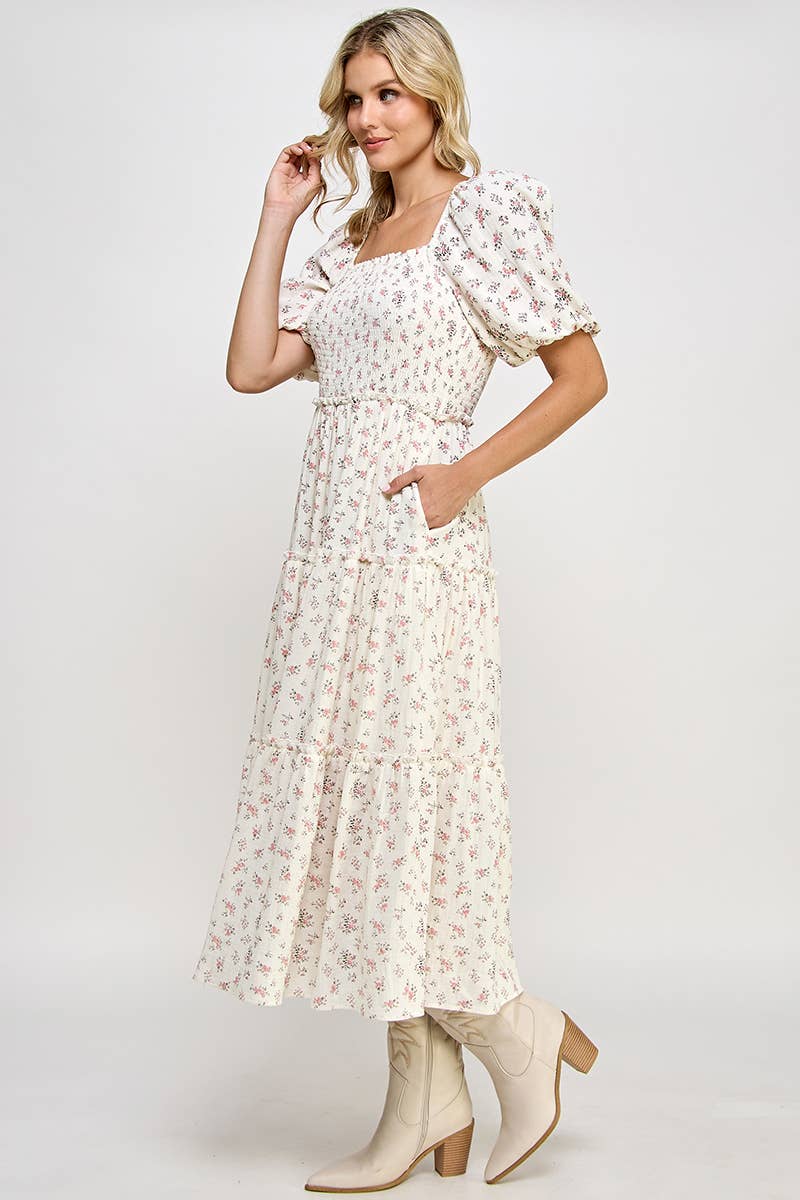 Million Colors - Wholesale Dress - Women's - Hattie Floral Puff Sleeve Square Neck Tiered Midi Dress7