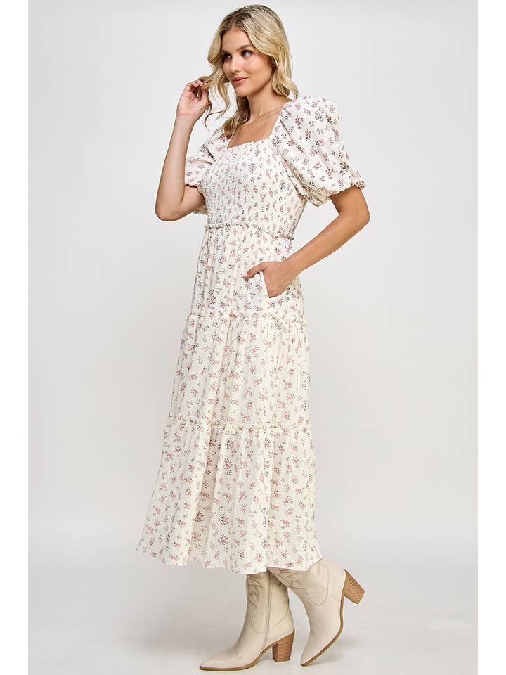 Million Colors - Wholesale Dress - Women's - Hattie Floral Puff Sleeve Square Neck Tiered Midi Dress7