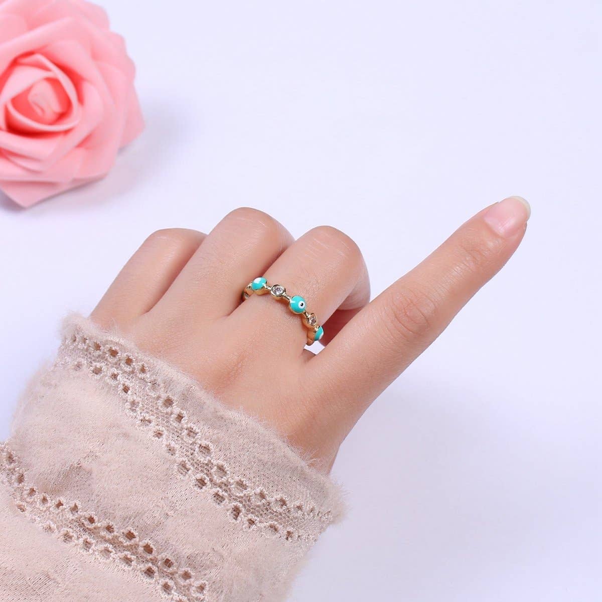 Aim Eternal – Großhandel Mehrsteinige Ringe – Weiß, Türkis, Blau, Schwarz Runder Böser Blick Emaille Klarer CZ Stapelbarer Ring U-073 - U-0765