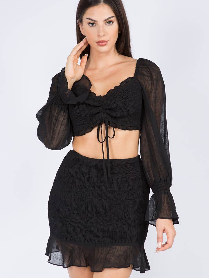 JS2129_BL-TEKSTURERET CHIFFON SMOCKING LANGÆRMET NEDERDEL SÆT for engroshandel hos Vibrato Clothing