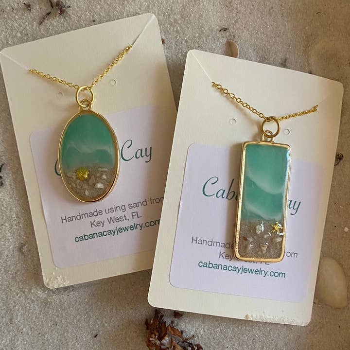 Cabana Cay - Wholesale Pendant/Charm Necklace - Beach Sand & Shell Gold Pendant Necklace (choose your beach)