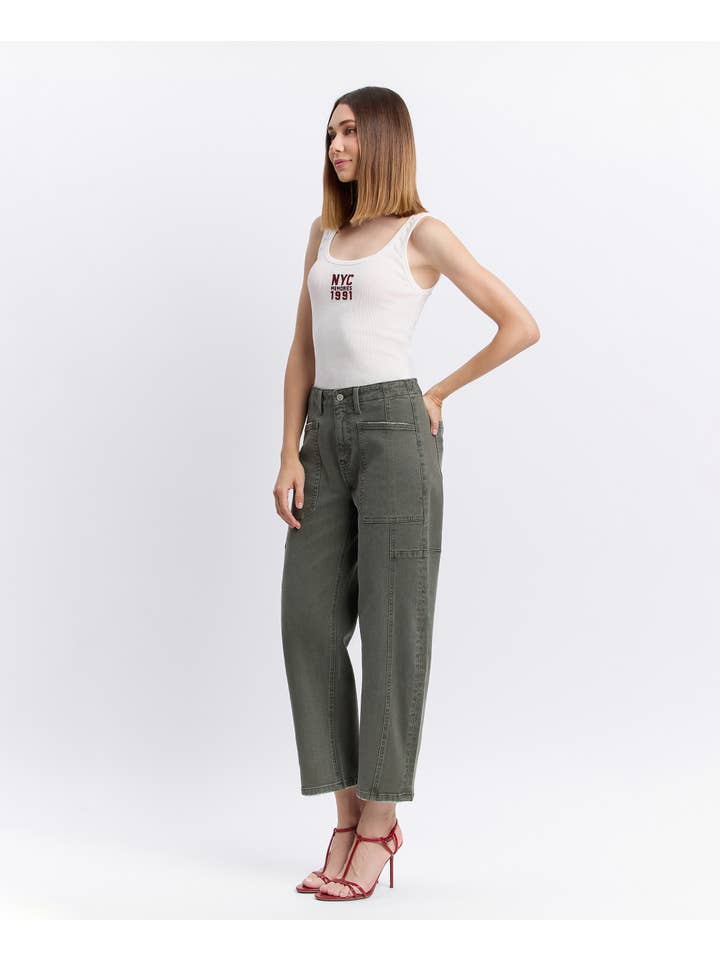 DEEP FOREST SUPER HIGH RISE ELASTIC WAISTBAND BARREL JEANS F5831DPF for wholesale on Faire