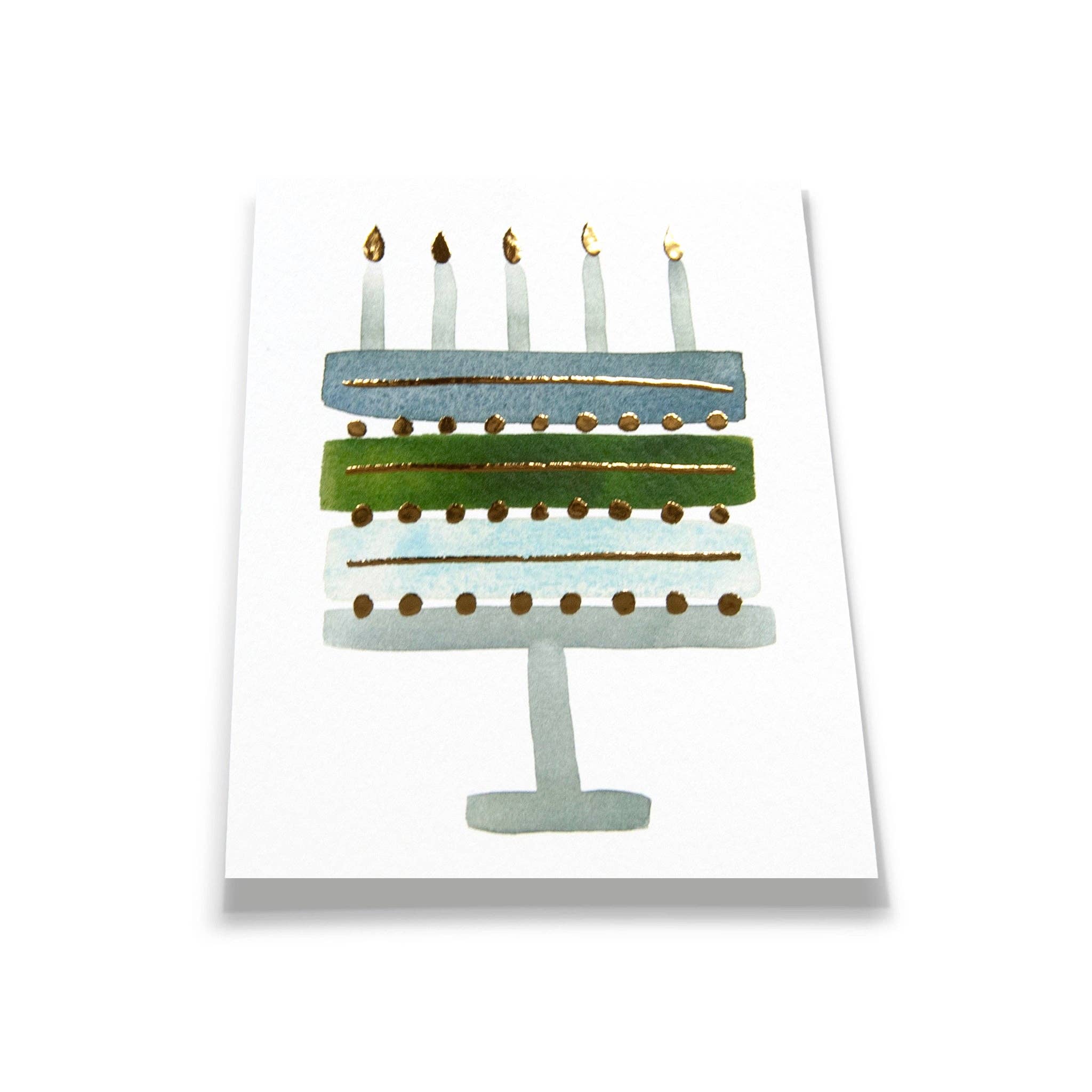 Melanie Gehrke Fine Art Studio - Wholesale Birthday Card - Blue + Green Gold Foil Birthday Cake Card1