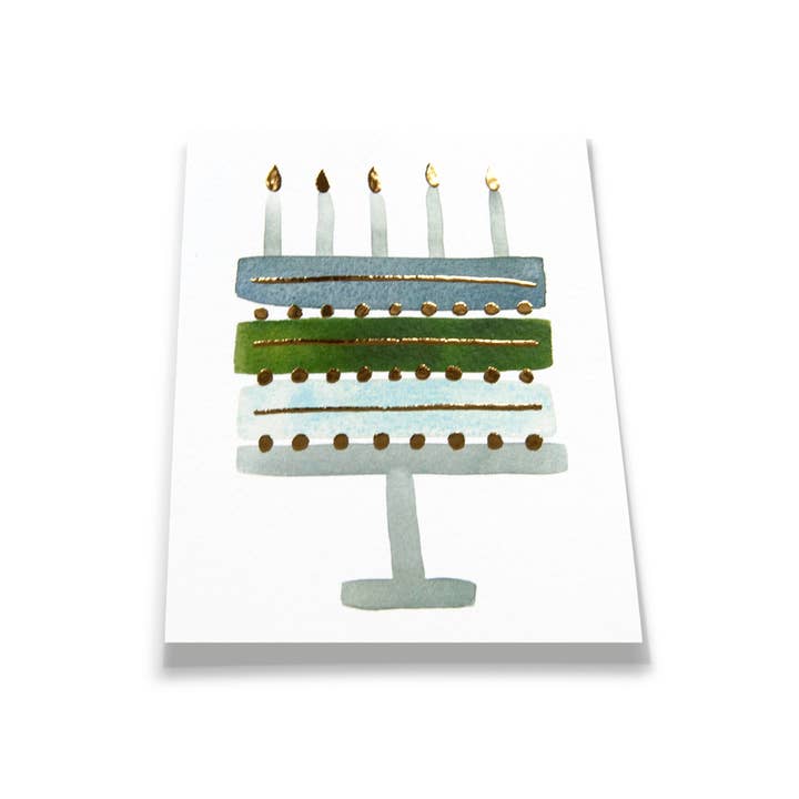 Melanie Gehrke Fine Art Studio - Wholesale Birthday Card - Blue + Green Gold Foil Birthday Cake Card1