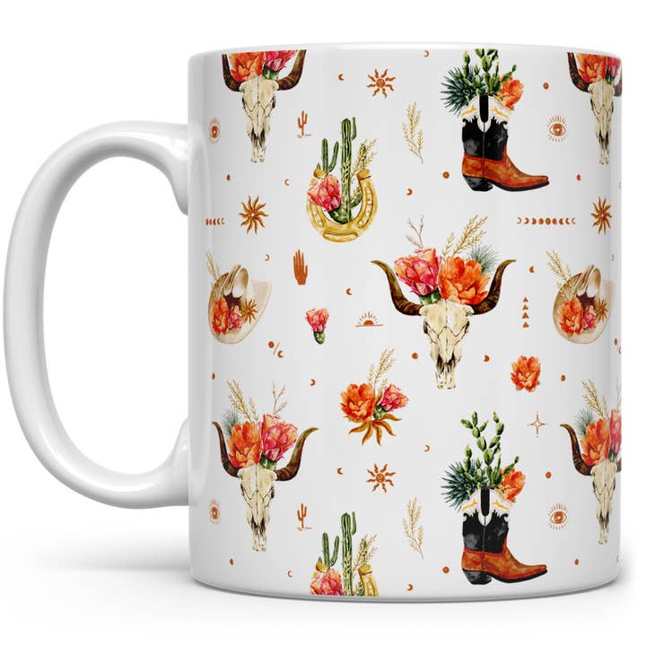 Country Western Floral Boho Cowboy Ceramic Mug for wholesale by Loftipop