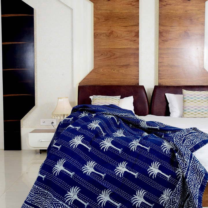 Glamthread - Wholesale Quilt - Linen Connections Handmade Indian Kantha Quilt - Palm Tree Indigo
