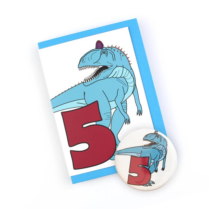 Number Five Dinosaur Greeting Card and badge for wholesale by Dinosaurs Doing Stuff