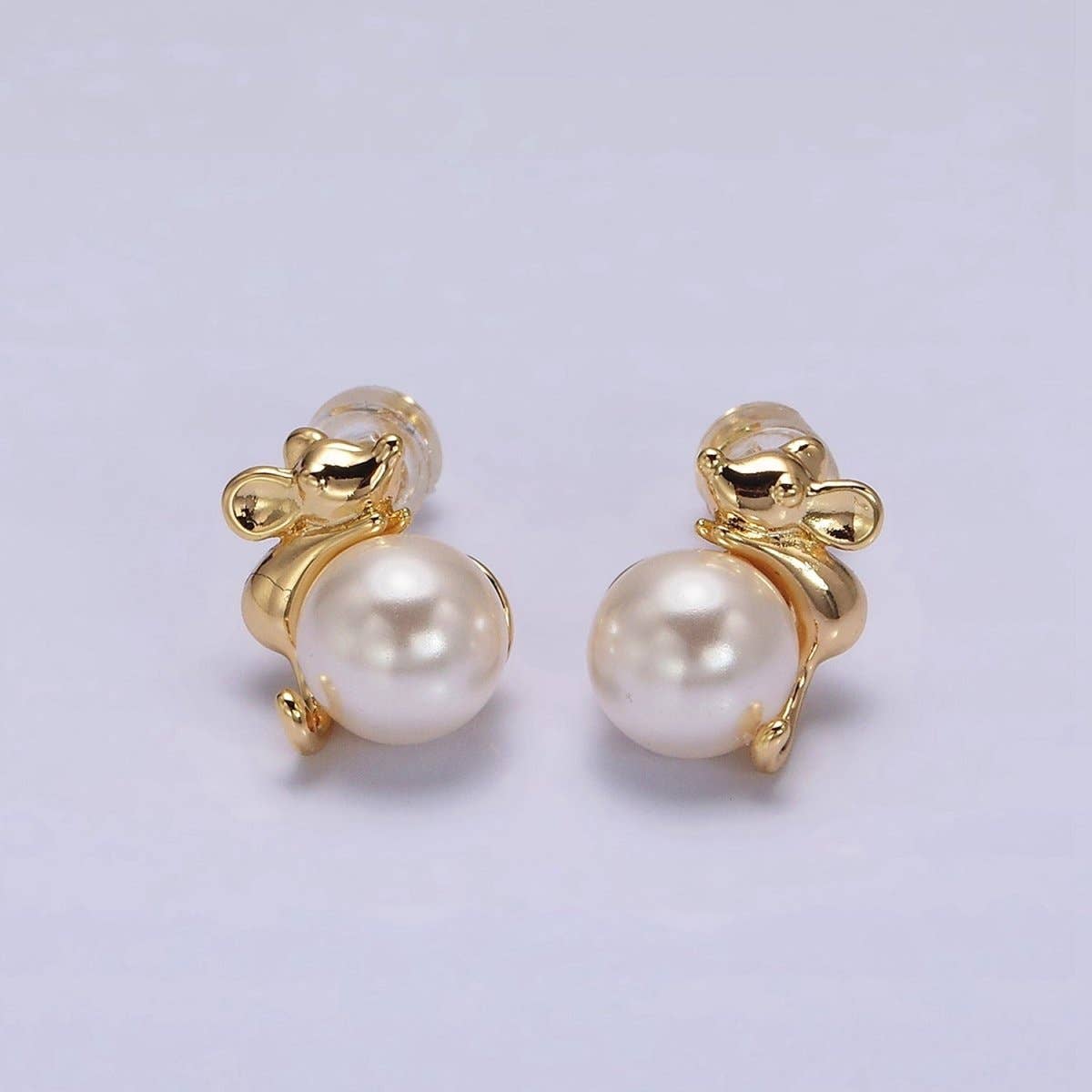 Aim Eternal – wholesale Stud/post earrings – 16K Gold Filled Round White Pearl Mouse Mice Animal Stud Earrings in Gold & Silver | AE556 AE5570