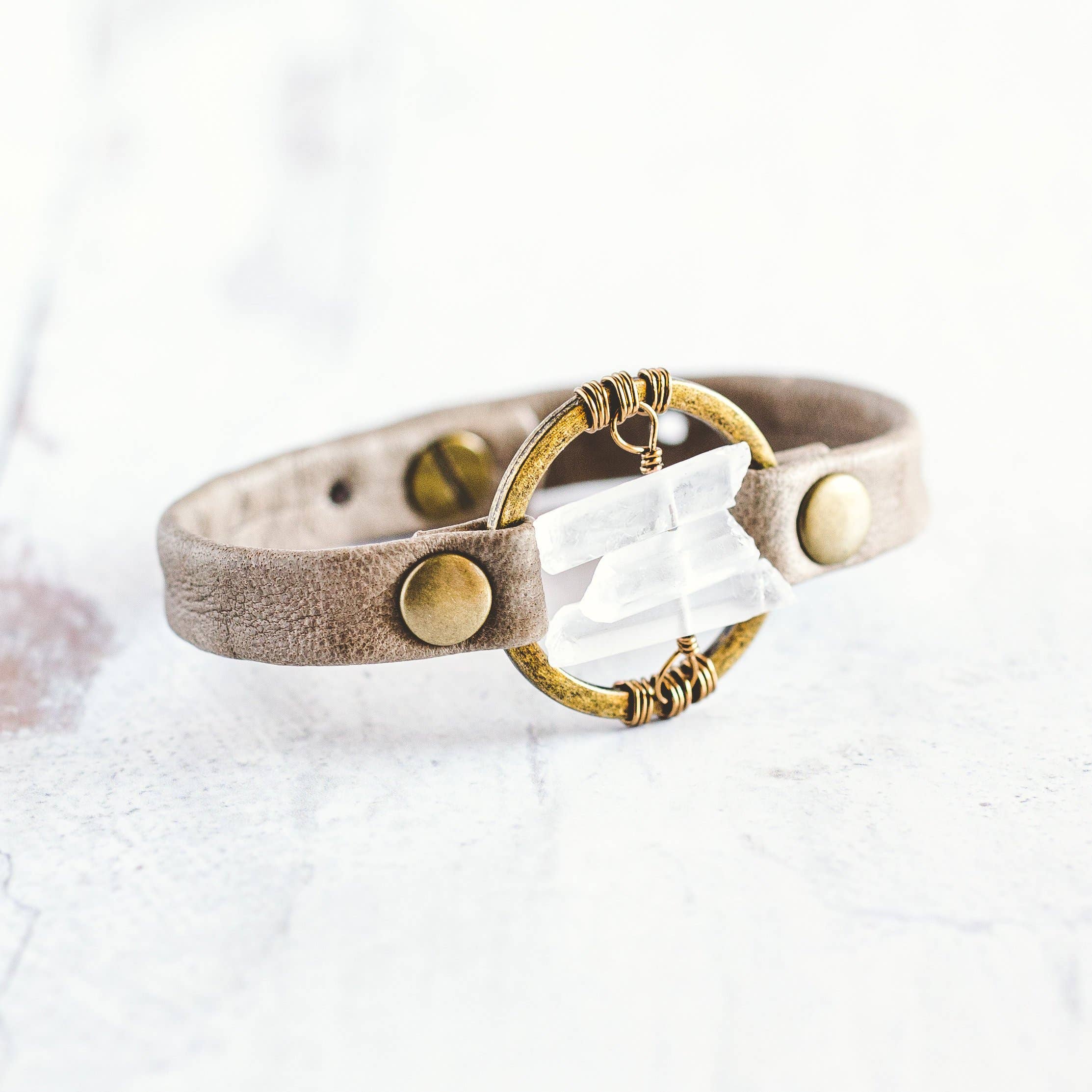 Giving Bracelets - Wholesale Bangle Bracelet - Be the Light Leather Bracelet-Antique Brass-Quartz Crystal10