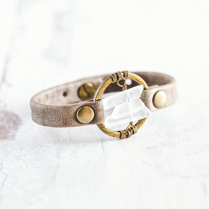 Giving Bracelets - Wholesale Bangle Bracelet - Be the Light Leather Bracelet-Antique Brass-Quartz Crystal10