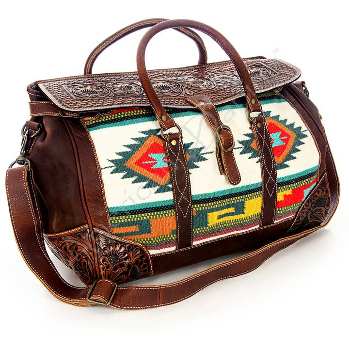 LS Western - Wholesale Weekender Bag - Women's - LC-ADBG643 Tooled Leather & Saddle Blanket Duffel Bag Western Travel Weekender by American Darling
