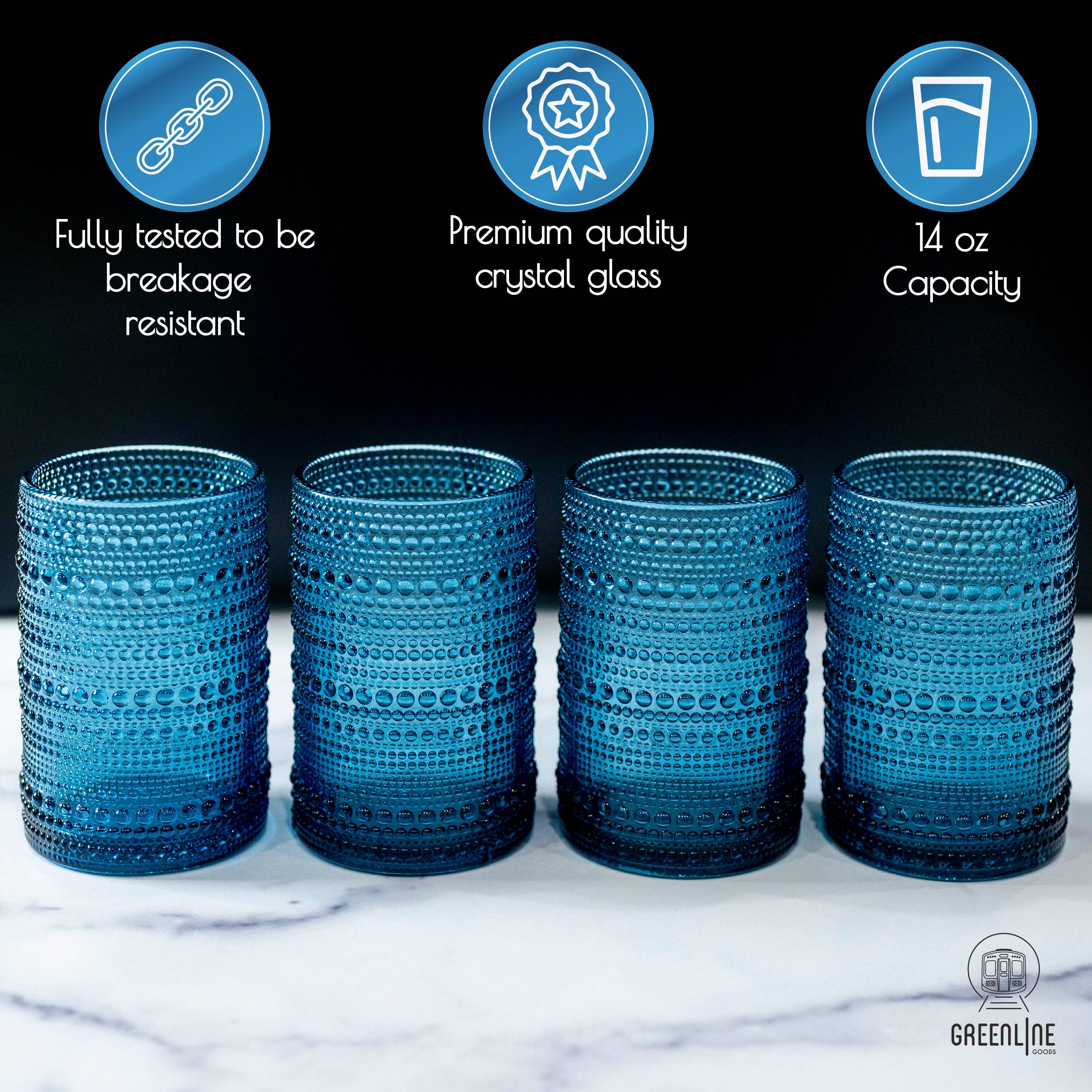 Greenline Goods - Wholesale Drinking Glass/Cup - Hobnail Drinking Glasses - Blue 14 oz ( Set of 4 )2
