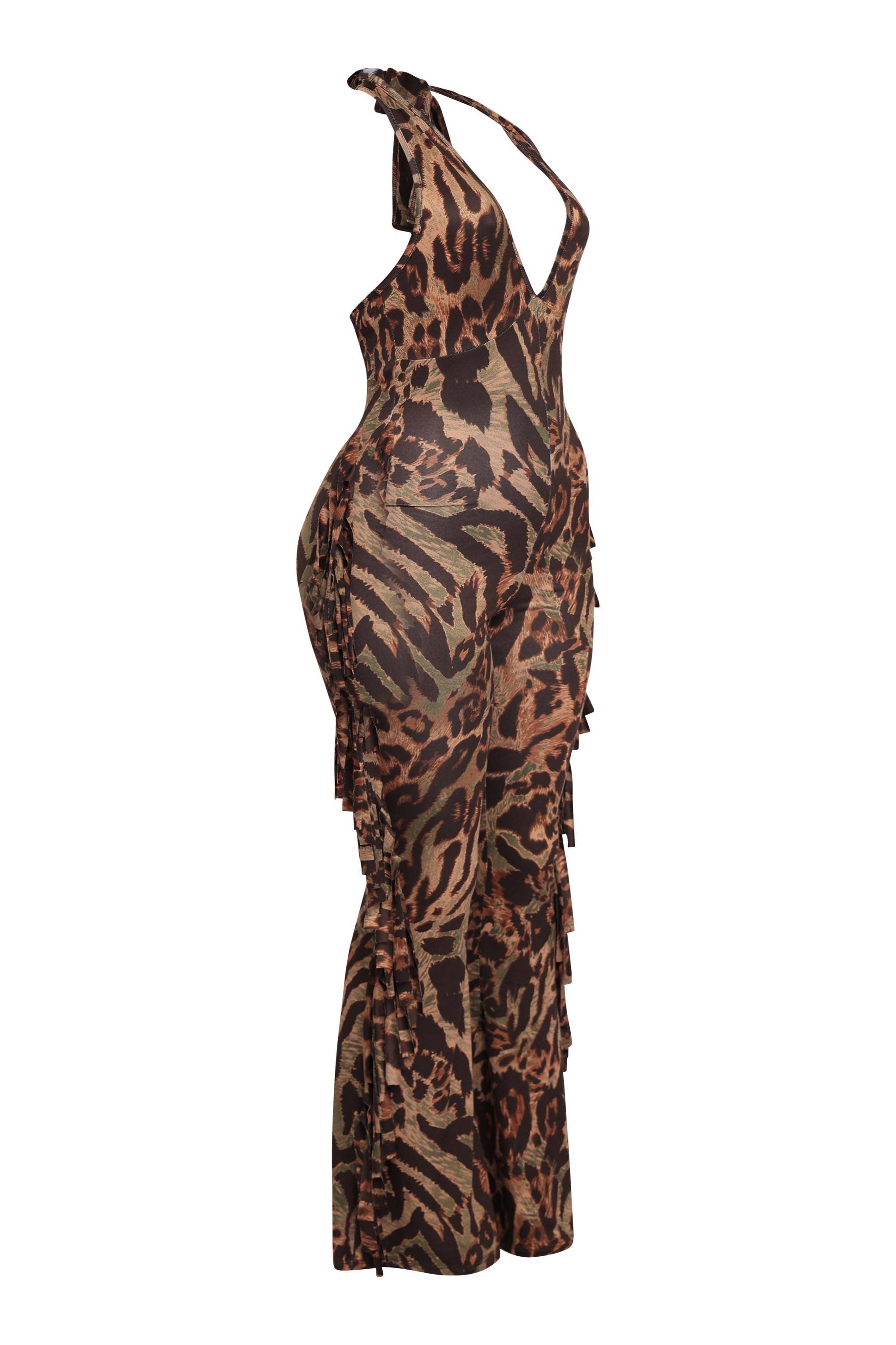 OLIVE COMBO Leopard halter fringe jumpsuit for wholesale on Faire1