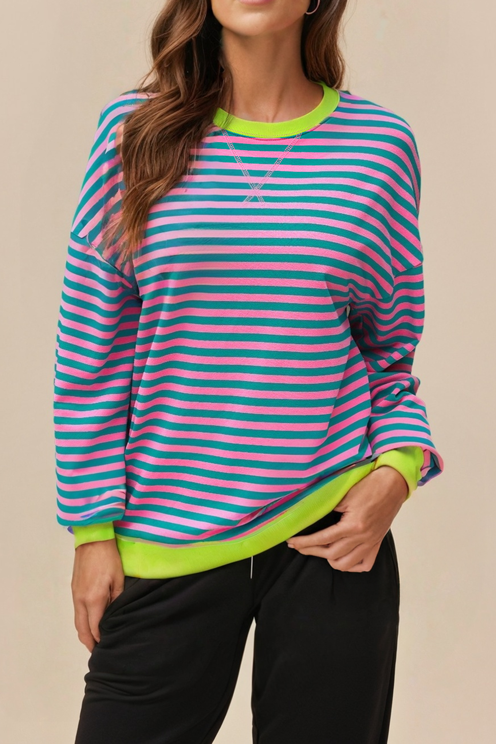 LA Society - Vente Sweat-shirt – femme - Sweat-shirt à rayures contrastées avec point croisé et épaules tombantes4