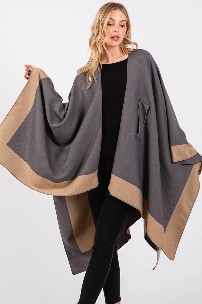 Hana - Wholesale Cardigan - Women's - Two Tone Pull Through Shawl Ruana Winter Cardigan8