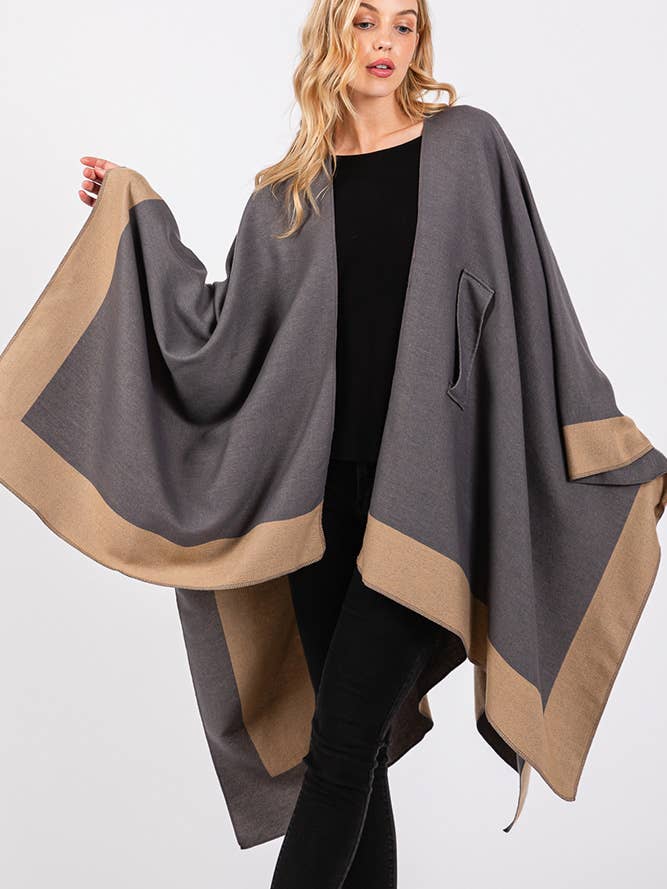 Hana - Wholesale Cardigan - Women's - Two Tone Pull Through Shawl Ruana Winter Cardigan8