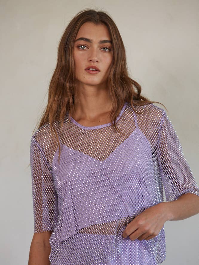 L6915 | Woven Polyester Rhinestone Fishnet Crop Top for wholesale by By Together