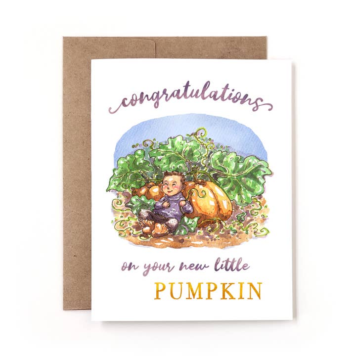 Little Pumpkin Congrats Watercolor New Baby Greeting Card for wholesale by Nettles & Lace Paper Co.