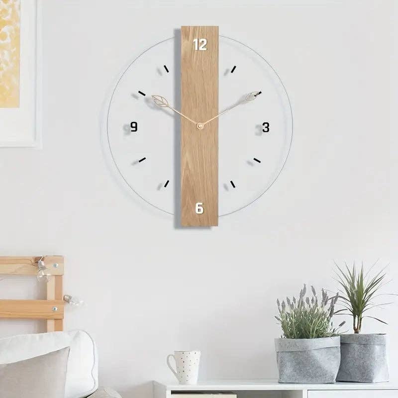 Huis Van Merken - Vendita all'ingrosso Orologi da parete - Orologio da parete silenzioso con foglia in legno e acrilico, senza ticchettio1