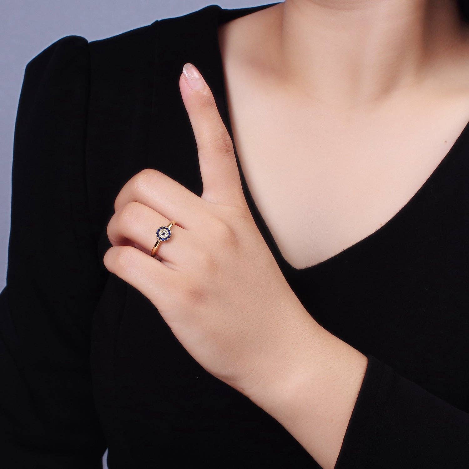 Aim Eternal – wholesale Ring med flera stenar – 16K guld fylld blå mikro asfalterad CZ rund onda ögonring | O10521