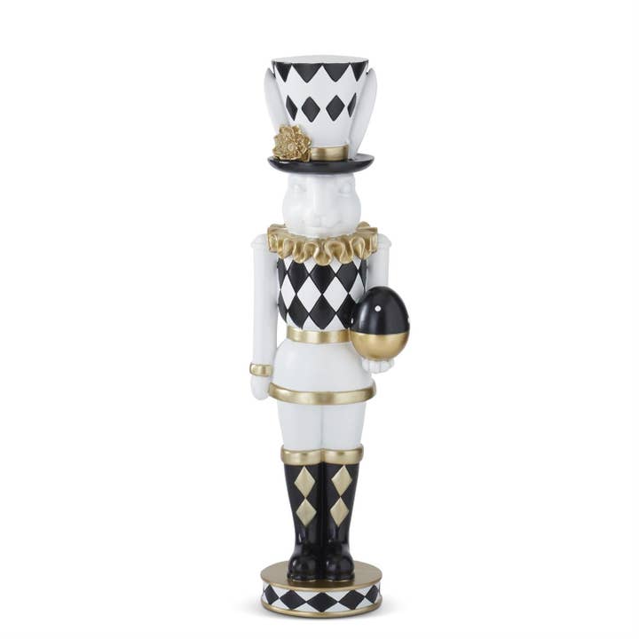 Soldado Coelho da Páscoa Branco, Preto e Dourado de 17,75" Segurando Ovo por atacado de RC Home Decor